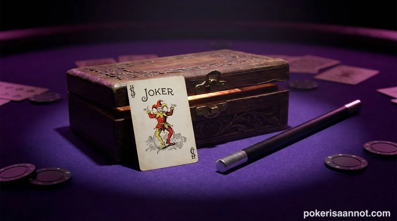 Jokeri pokeri box -teema: jokerikortti nojaa raollaan olevaan taikalaatikkoon taikasauvan vieressä tummalla huovalla