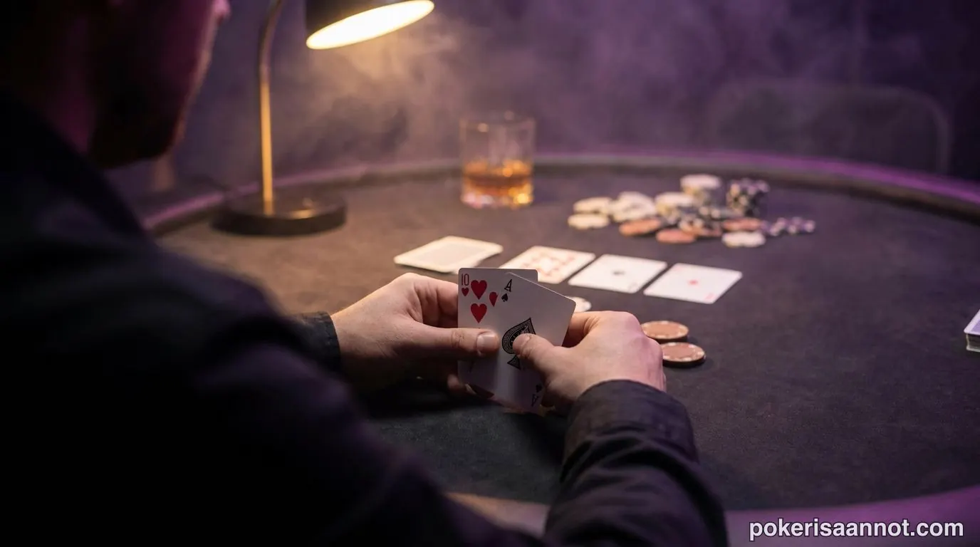 Pelaa pokeria: pelaaja suojaa kahta taskukorttiaan pokeripöydässä