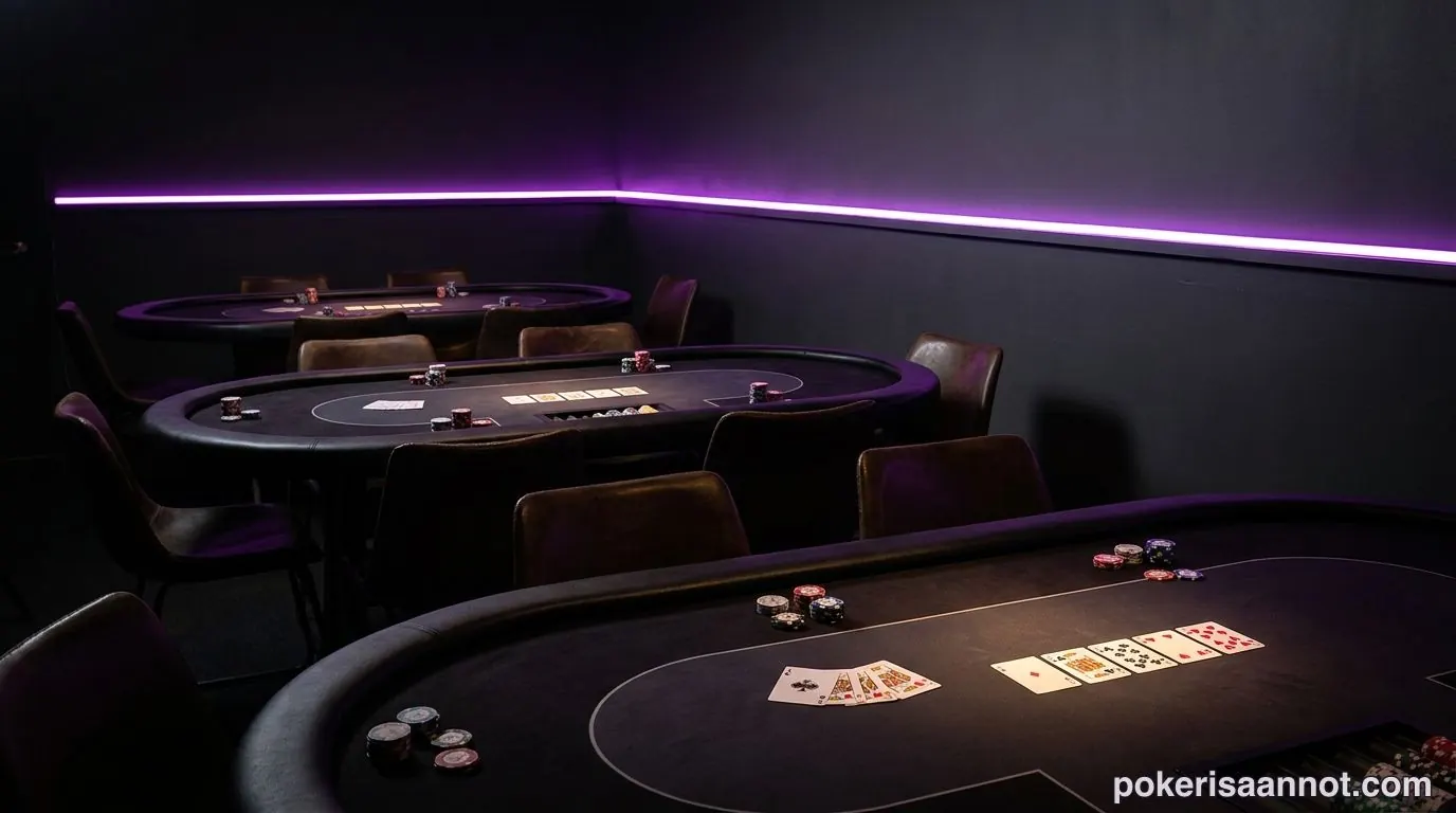Pokerin pelimuodot: useita pokeripöytiä tummassa korttihuoneessa