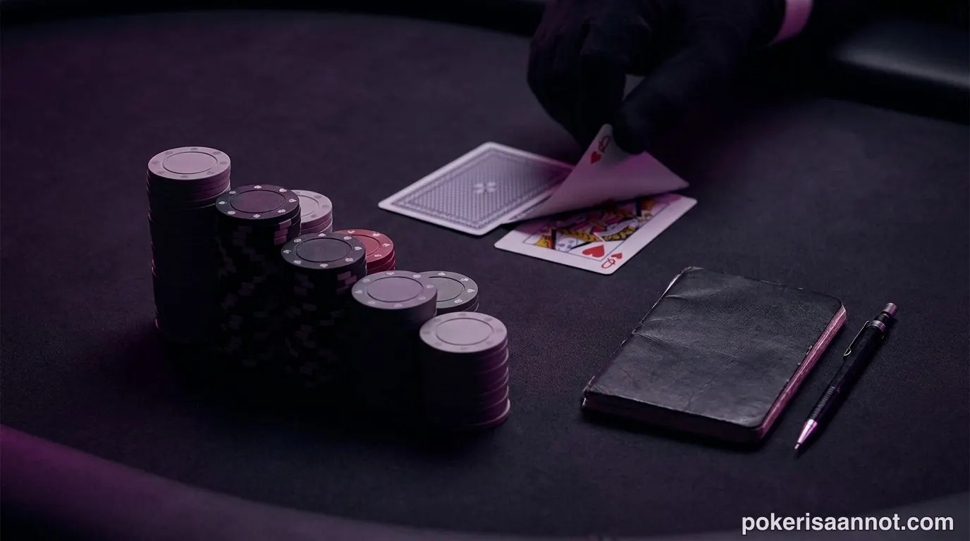 Pokeristrategia: pelimerkkipinot, muistikirja ja kurkistus omiin taskukortteihin tummalla pöydällä