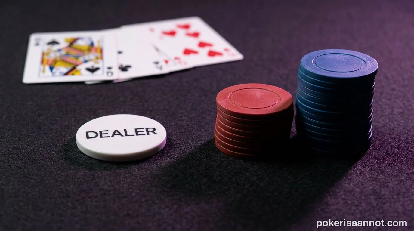 Pokeritermit: jakajan dealer-nappi ja blindipanokset pelimerkkeinä pöydällä